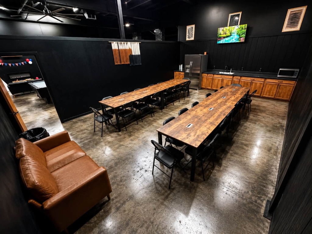 Private party room with long tables